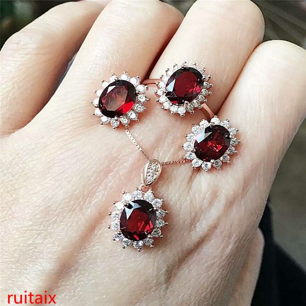 

kjjeaxcmy boutique jewels 925 pure silver inlaid with natural pomegranate stone, 3 pieces of gold and silver color, Black