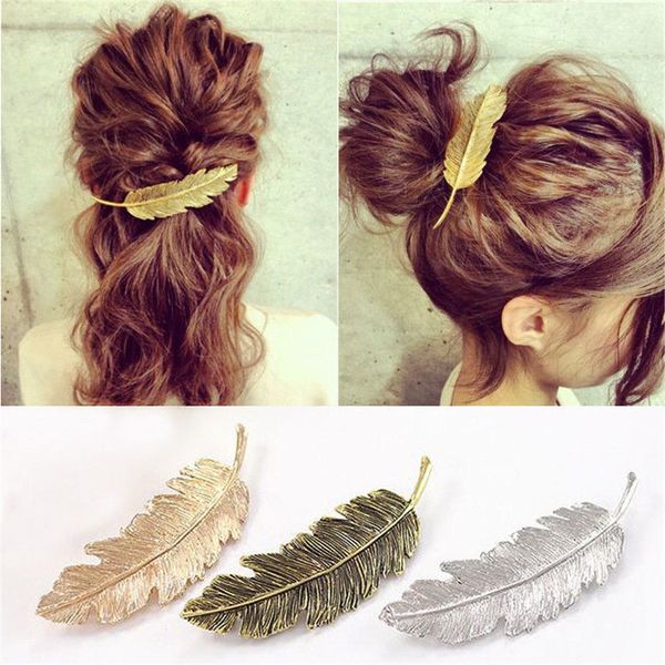 Women Gold Silver Leaf Feather Hair Clip Hairpin Barrette Bobby