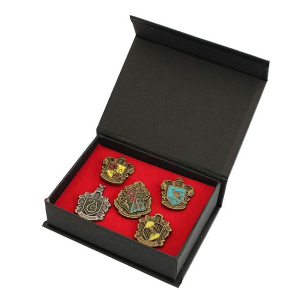 

harry potter insignia 5 roles/set badge metal gryffindor hufflepuff slytherin ravenclaw and hogwarts halloween gifts party favor sn662