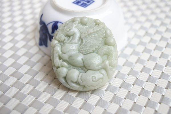 

beautiful natural (shaanxi lan tian) light green jade, hand-carved fine tianma line. talisman necklace pendant, Silver