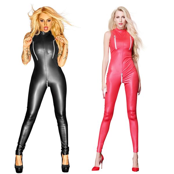 

black red wet look zipper faux leather jumpsuit latex catsuit club wear costumes women open crotch bodysuit fetish uniforms