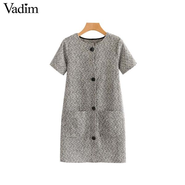 

vadim women chic plaid tweed mini dress pockets buttons short sleeve vintage female casual straight dresses vestidos qa717, Black;gray