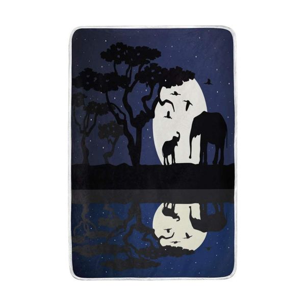 

african elephant moon night nature scene blanket soft warm cozy bed couch lightweight polyester microfiber blanket