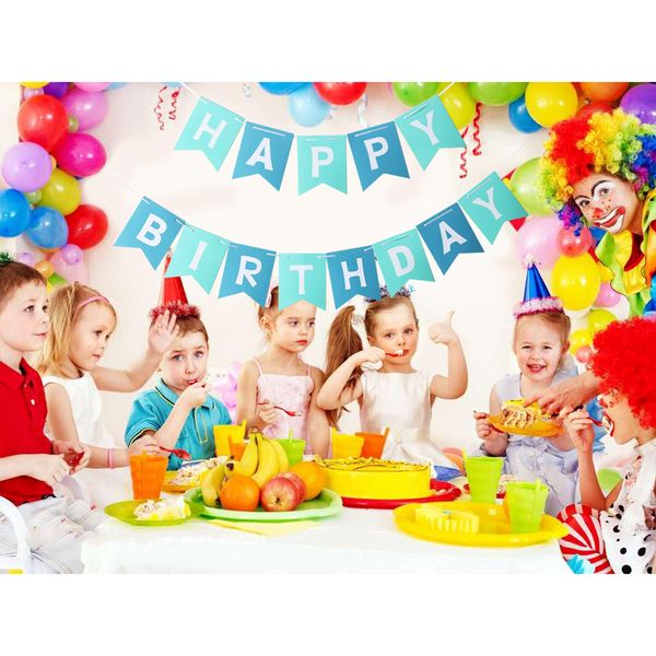 2020 Happy Birthday Banner Chic White Blue Party Decorations