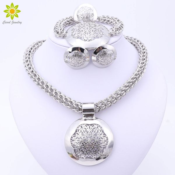 

2017 fashion dubai silver plated jewelry sets costume round design silver plated nigerian wedding african beads jewelry sets, Slivery;golden