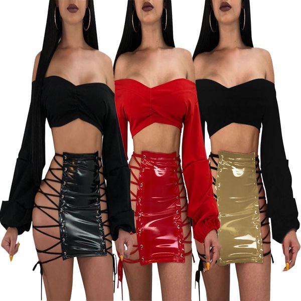

mini short skirt women metallic pu skirt night club party f2913 tight with sides strips, Black