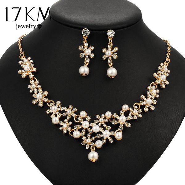 

whole sale17km 2 color crystal simulated pearl flower necklace and earring pendant jewelry set for women new romantic wedding jewelry, Silver