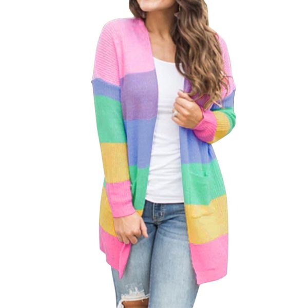 

new fashion plus size womens patchwork long sleeve rainbow stripe cardigan sweater coat drop shipping, White;black