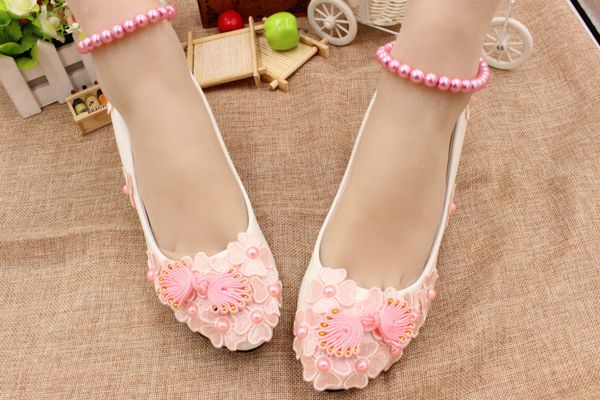 Pink Flowers Beaded Bridal Shoes Woman Pumps 3cm Low Heels
