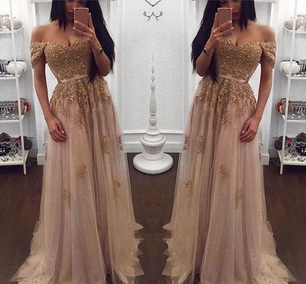 

2018 champagne beaded arabic evening dresses sweetheart tulle prom dresses vintage off the shoulder formal party gowns vestido de noiva, Black;red