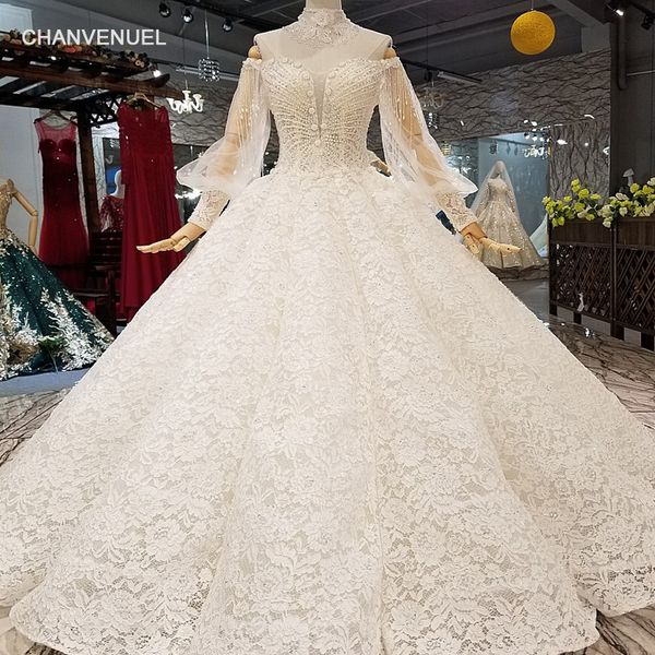 

2019 tassel collar neckline wedding dresses long tulle sleeve hand made 3d floral applique backless lace up back v neck swollen bridal gowns, White