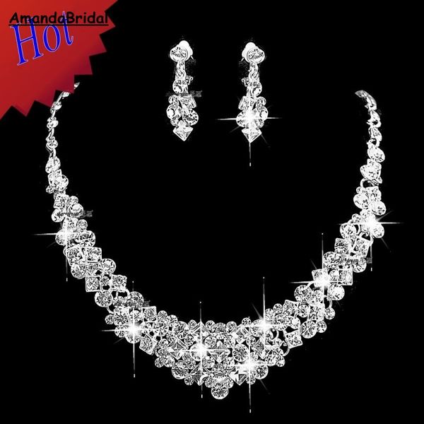 

amandabridal rhinestones party christmas gift silver two sets bling wedding accessories bridal hair headdress gift diamond necklace jewelry, White