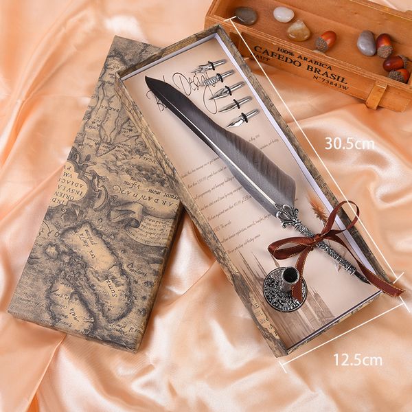 

antique colorful feather dip writing ink set stationery gift box with 6 nib wedding quill