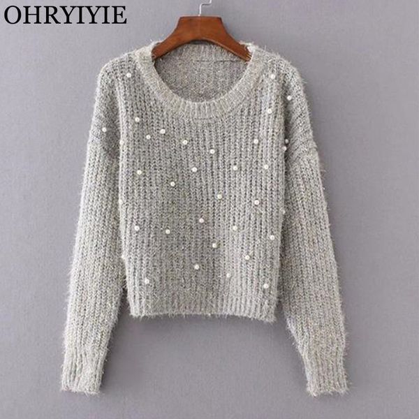 

ohryiyie autumn winter women pearl beaded knit jumper 2018 fashion long sleeve mohair sweater female warm pullovers pull femme, White;black