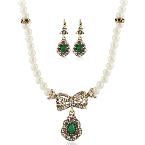 

pearl jewelry sets red green crystal earrings beaded bow necklace retro diamonds women girl jewelry wedding evening dress accessories, Silver