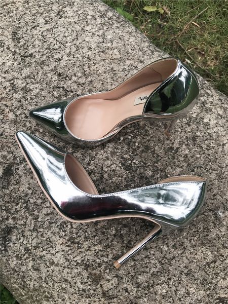

real p genuine leather lady silver patent leather point toe lady high heel shoes pump ladies heels wedding 12cm 10cm 8cm, Black