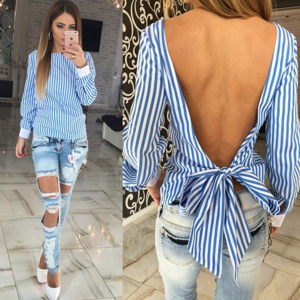 

women blouse shirts casual vertical stripes back bow hollow out summer lapel neck loose european long sleeve plus size s- 3xl fashion, White