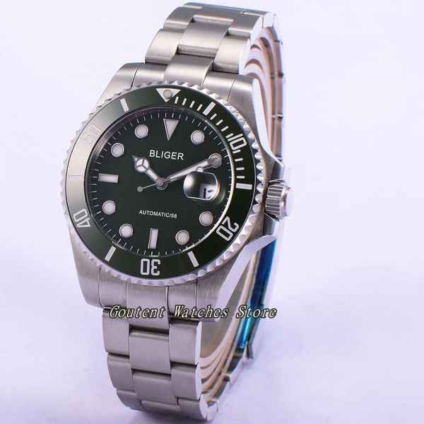 

43mm bliger date luminous ss. case sapphire glass ceramic bezel automatic men's watch, Slivery;brown