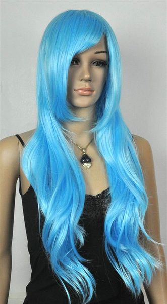 

new fashion long light blue wavy women's lady's cosplay hair wig wigs, Black;brown