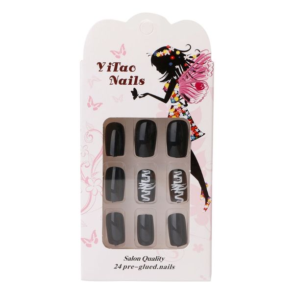 

24pcs black false nails punk style fashion full cover nail art tips diy manicure