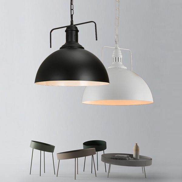Vintage Industrial Elegant Shade Metal Pendant Lamp With Chain Black White Modern 1 Light Dome Hanging Warehouse Lighting Lights In