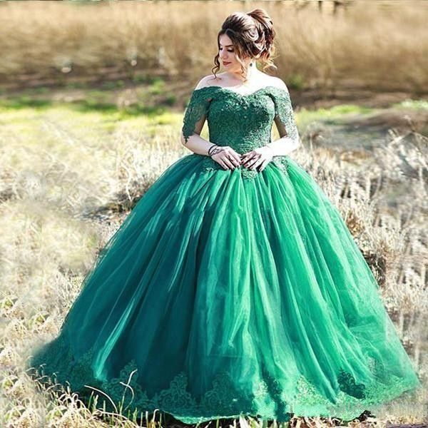 

элегантный темно-зеленый бальное платье quinceanera платья с плеча аппликации тюль длина пола плюс размер платья выпускного вечера вечерние, Blue;red