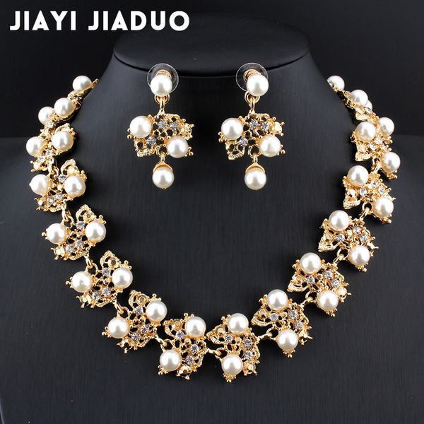 

whole salejiayijiaduo wedding gold-color jewelry set for women imitation pearl necklace earrings for women bridal clothing accessories, Slivery;golden
