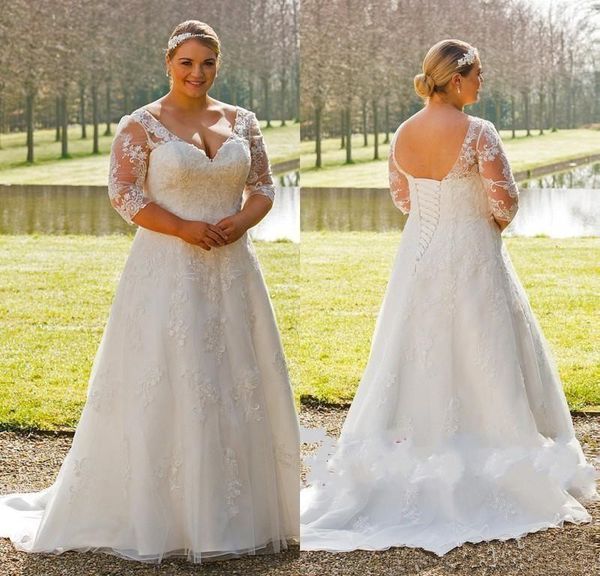 

plus size wedding dresses 2018 modest a-line half sleeve appliques lace v-neck outdoor garden country lace-up corset farm wedding gown, White