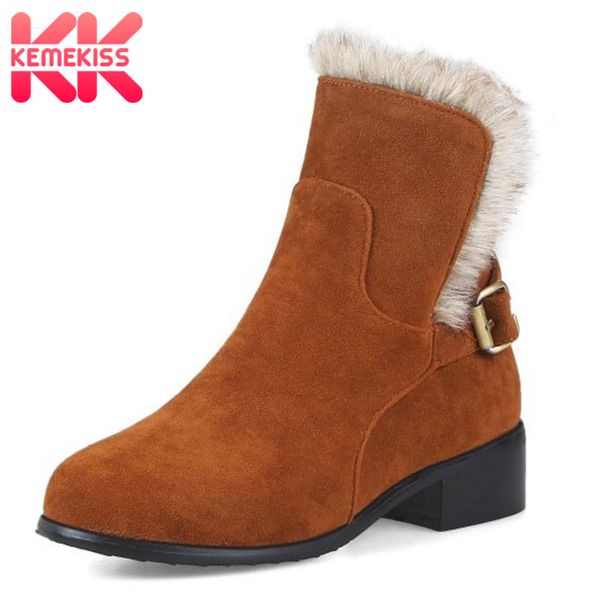 

kemekiss size 30-46 women half short snow boots thick fur shoes cold winter boots high heel boot mid calf botas women footwear, Black