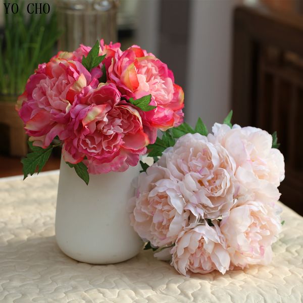 Acheter 5 Têtes Bouquet Grand Bouquet De Pivoines Artificielles Feuilles Touche Réelle Roses Bouquet De Fleurs De Soie Pour Mariage Décoration De
