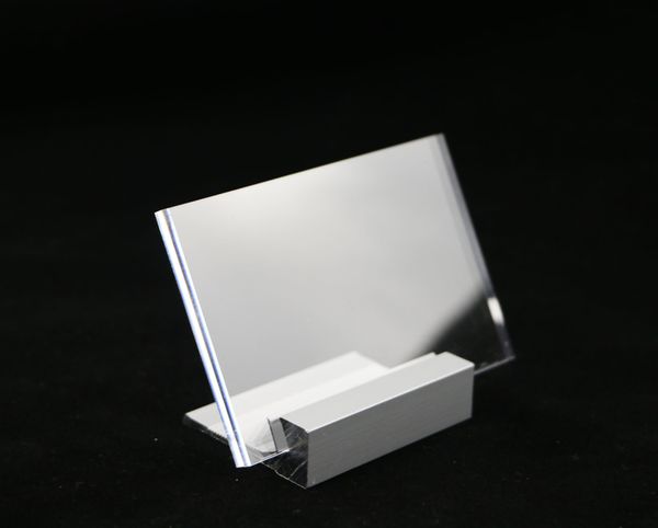 30 pcs 90 * 60mm preço tag logo mesa sinal de alumínio cartão de suporte de cartão de exposição de placa de exposição de mesa estaca caixa foto foto carrinho foto acrílico
