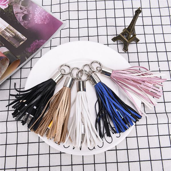 

usb cable leather tassel keychain mini usb cable fast charger metal keyring data cord charging adapter for iphone, Silver