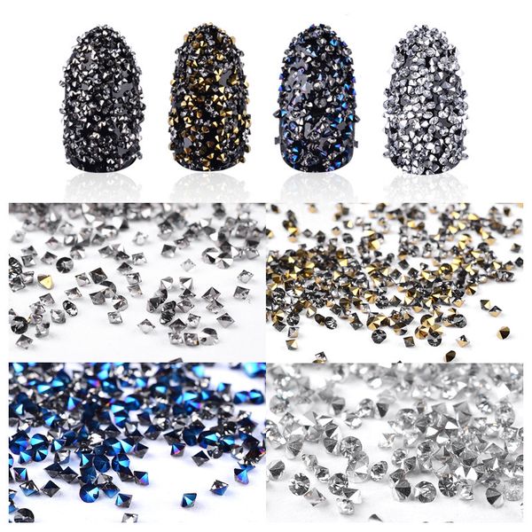 

1 box approx 1000pcs micro cone crystal sharp rhinestone nail art jewelry pointed back nail diamond gold/silver/blue ab color, Silver;gold