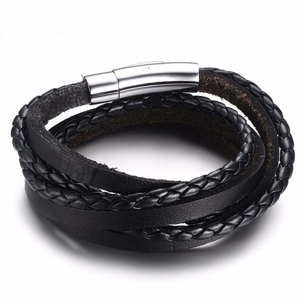 

new three rows leather bracelet 316l stainless steel buckle men braceles jewelry bangle wrap weave charm women bracelet 55mm, Golden;silver