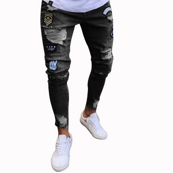 

nibesser 2018 stylish ripped holes jeans men fashion patchwork straight denim trousers casual streetwear skinny jeans plus size, Blue