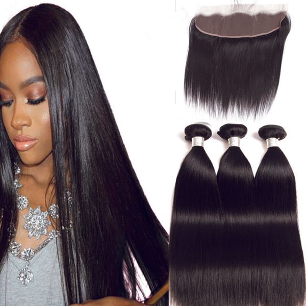 

peruvian straight hair bundles with frontal non-remy human hair bundles with closure lace frontal closure with bundles, Black;brown