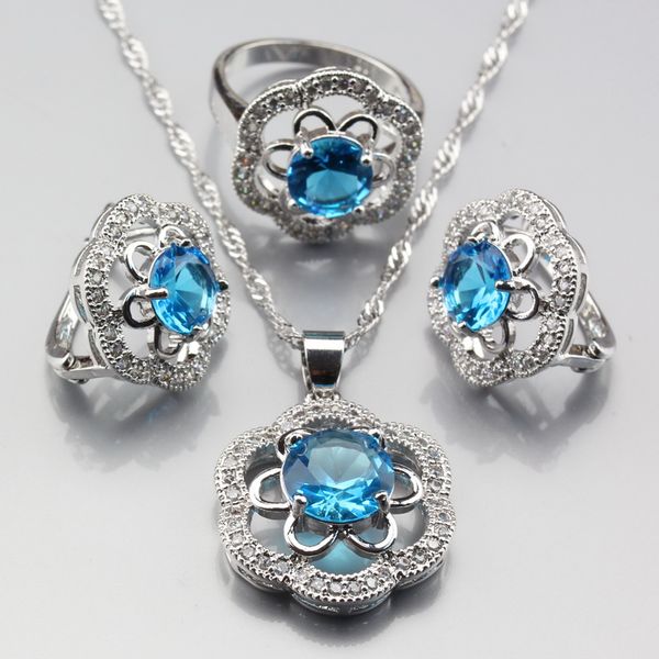 

manny trinket new fashion women jewelry sets silver color flower sea blue white crystal ring size 6/7/8/9/10 js391, Slivery;golden