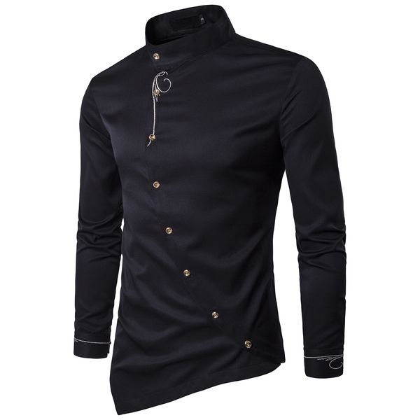 

sleeve collar for shirt men male oblique button mandarin brand men tuxedo long fashion shirts personality 2021 big size 2xl ixciv, Black