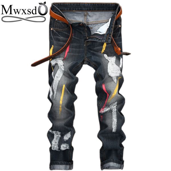 

mwxsd brand casual men's hole paint jeans men cotton retro destroyed jeans male skinny straight beggar pants, Blue