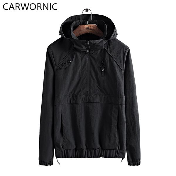 

carwornic 2018 trench coat men spring autumn hooded windbreaker jackets male hat detachable waterproof casual men clothing, Tan;black