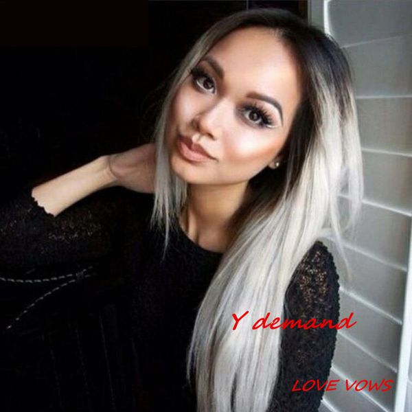 

ombre long straight black grey wig y demand classic fashion synthetic hair straight wig for women price