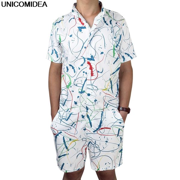 

men rompers short sleeve jumpsuit playsuit beach overalls one piece slim fit 3d print graffiti funny male harem cargo men's sets, Gray