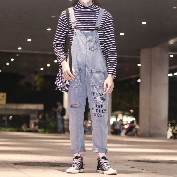 

neutral loose denim overalls with pockets baggy jeans jumpsuits for male female casual suspender pants letter print holes, Blue