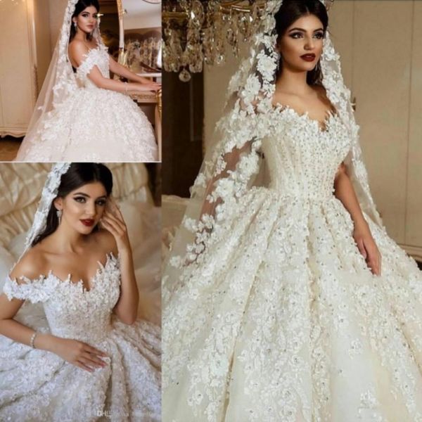 Alta densidade apliques vestidos de casamento surpreendente fora do ombro uma linha de vestidos de noiva Custom Made Dubai vestidos de casamento de luxo