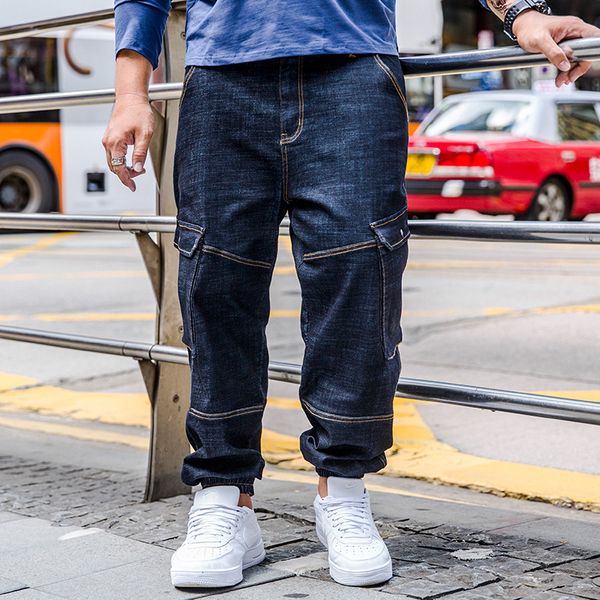 

mens jeans plus size 30-40 42 44 46 denim cargo pants men's straight jean pants loose fit jeans trousers with multi big pockets, Blue