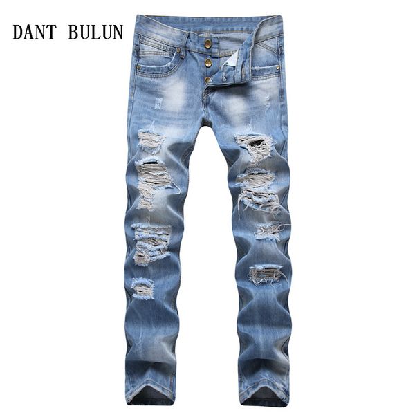 

dant bulun men ripped jeans slim fit sky blue multiple hole denim hip hop casual male destroyed trousers button pants,t7112