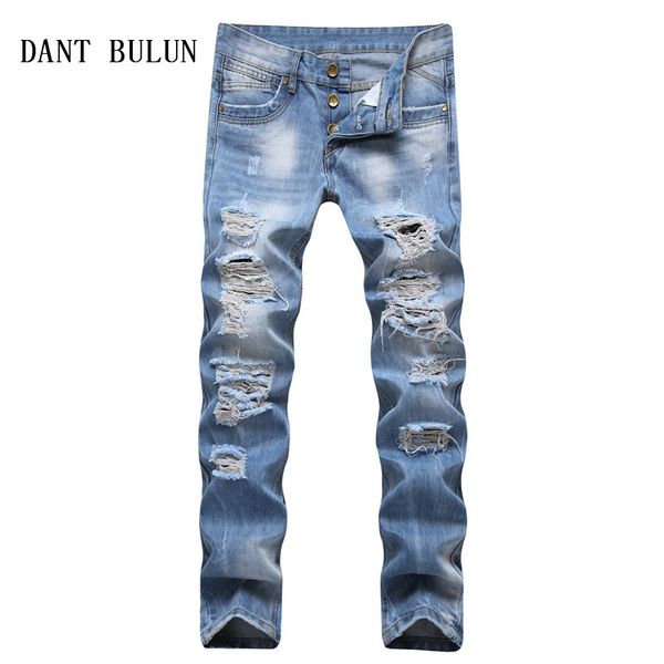 

men ripped jeans slim fit sky blue multiple hole denim hip hop casual male destroyed trousers button pants,t7112
