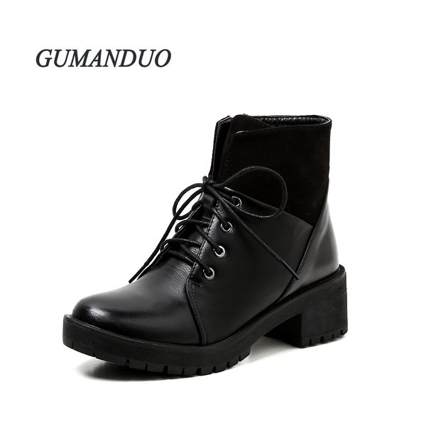 

gumanduo autumn winter fashion women's mid-heeled booties round toe patchwork cross-tied zipper concise woman boot us5-9 black