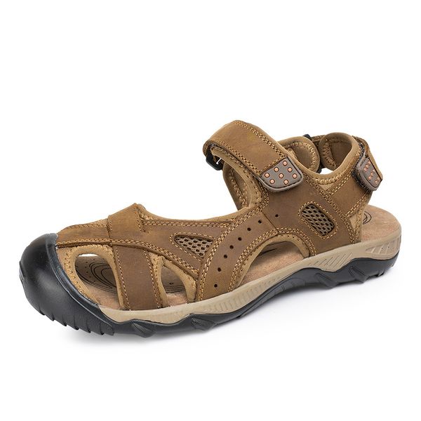 

nice new summer fashion toe cap covering men sandals breathable mesh cow leather hook & loop plus size 28-68 men sandal shoes, Black