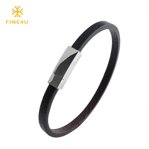 

2018 new fine4u b026 jewelry genuine leather bracelet 316l stainless steel magnetic clasp vintage bangles 3 clasps choice, Black